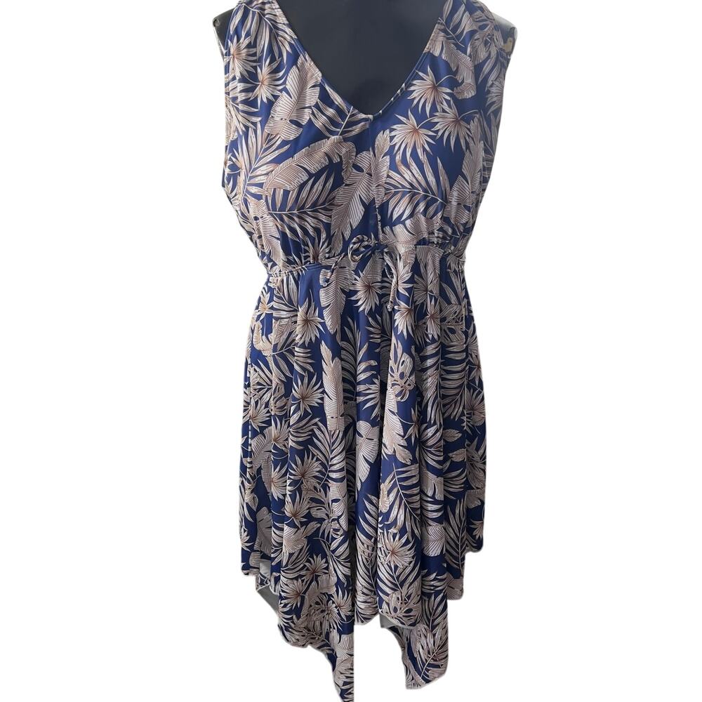 Bloom Chic Women’s Blue Palm Leaf  Ruched Empire Waist Swim Dress Sz 18-20